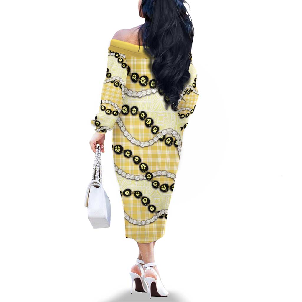 Yellow Palaka Hawaii Family Matching Off The Shoulder Long Sleeve Dress and Hawaiian Shirt Kukui Nut Pikake Lei Hawaiian Tapa Pattern LT14 - Polynesian Pride