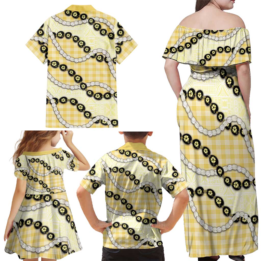 Yellow Palaka Hawaii Family Matching Off Shoulder Maxi Dress and Hawaiian Shirt Kukui Nut Pikake Lei Hawaiian Tapa Pattern LT14 - Polynesian Pride
