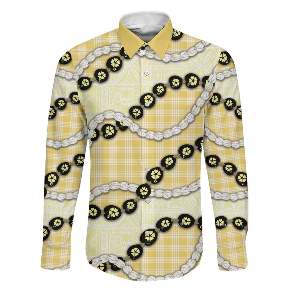 Yellow Palaka Hawaii Family Matching Off Shoulder Maxi Dress and Hawaiian Shirt Kukui Nut Pikake Lei Hawaiian Tapa Pattern LT14 Dad's Shirt - Long Sleeve Yellow - Polynesian Pride