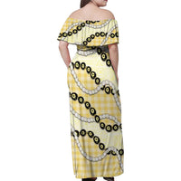 Yellow Palaka Hawaii Family Matching Off Shoulder Maxi Dress and Hawaiian Shirt Kukui Nut Pikake Lei Hawaiian Tapa Pattern LT14 - Polynesian Pride