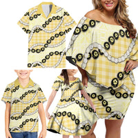 Yellow Palaka Hawaii Family Matching Off Shoulder Short Dress and Hawaiian Shirt Kukui Nut Pikake Lei Hawaiian Tapa Pattern LT14 - Polynesian Pride