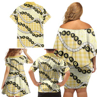 Yellow Palaka Hawaii Family Matching Off Shoulder Short Dress and Hawaiian Shirt Kukui Nut Pikake Lei Hawaiian Tapa Pattern LT14 - Polynesian Pride