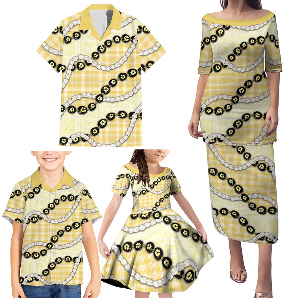 Yellow Palaka Hawaii Family Matching Puletasi and Hawaiian Shirt Kukui Nut Pikake Lei Hawaiian Tapa Pattern LT14 - Polynesian Pride