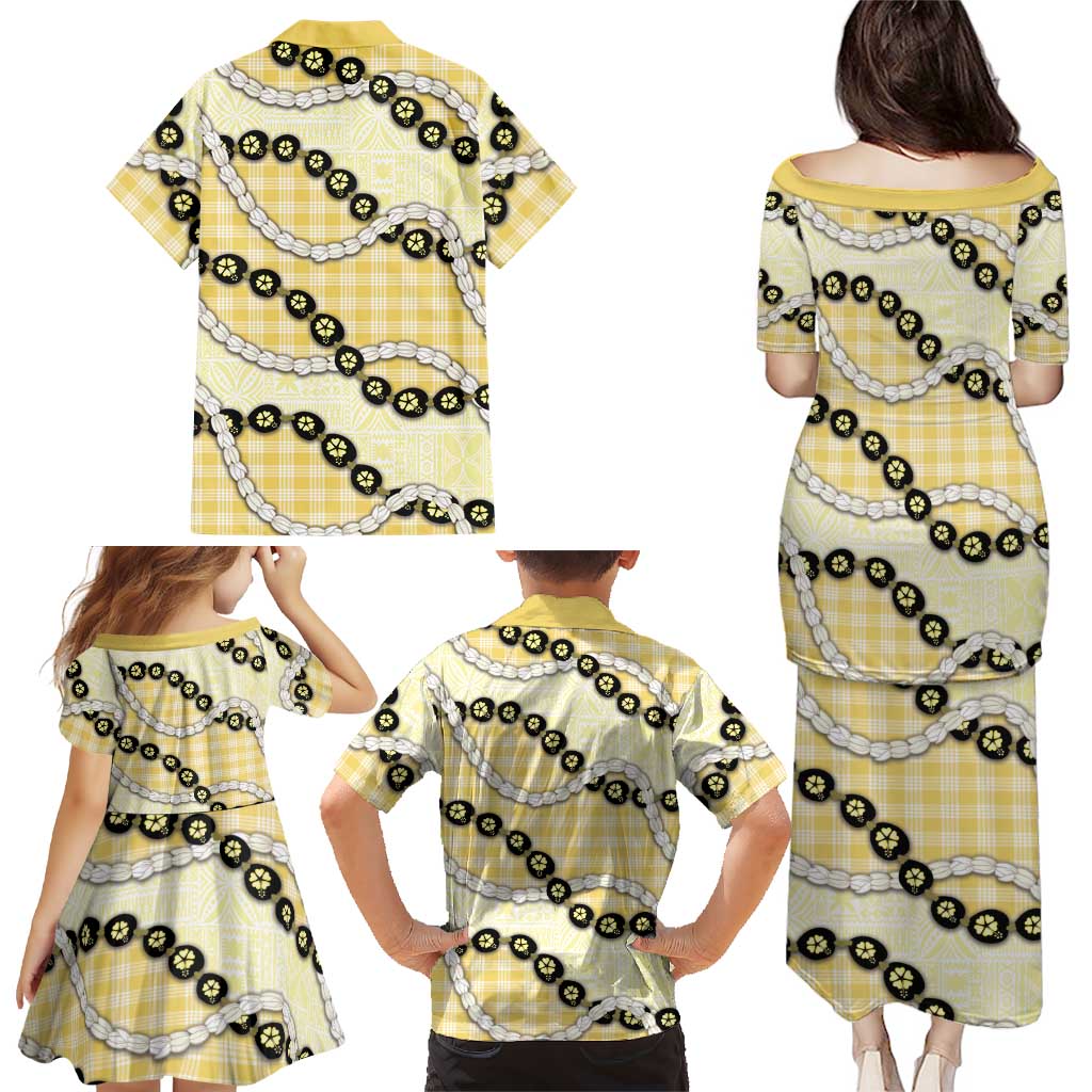 Yellow Palaka Hawaii Family Matching Puletasi and Hawaiian Shirt Kukui Nut Pikake Lei Hawaiian Tapa Pattern LT14 - Polynesian Pride