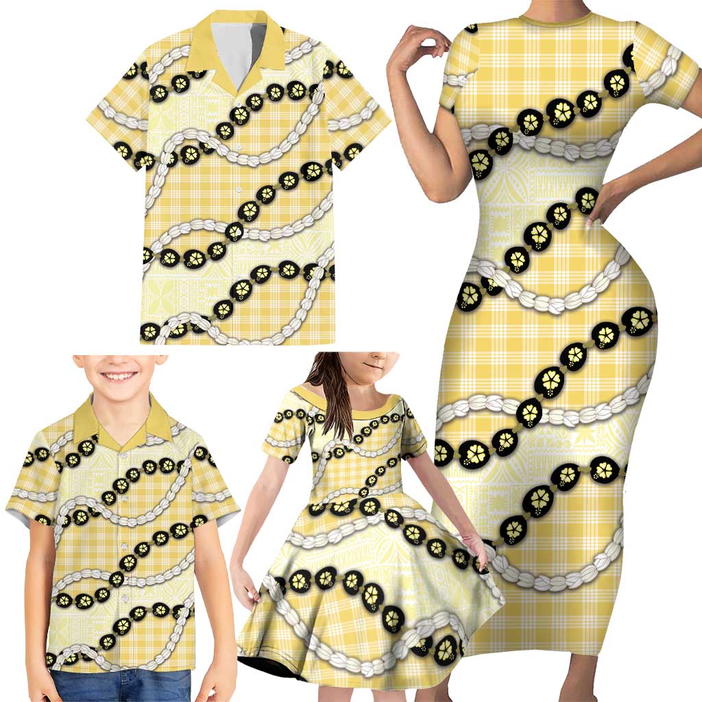Yellow Palaka Hawaii Family Matching Short Sleeve Bodycon Dress and Hawaiian Shirt Kukui Nut Pikake Lei Hawaiian Tapa Pattern LT14 - Polynesian Pride