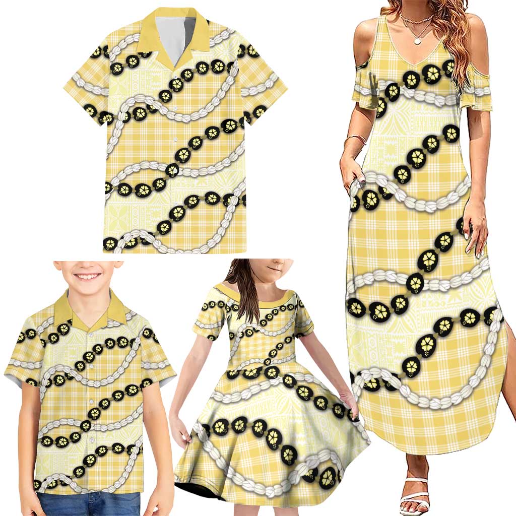 Yellow Palaka Hawaii Family Matching Summer Maxi Dress and Hawaiian Shirt Kukui Nut Pikake Lei Hawaiian Tapa Pattern - Polynesian Pride
