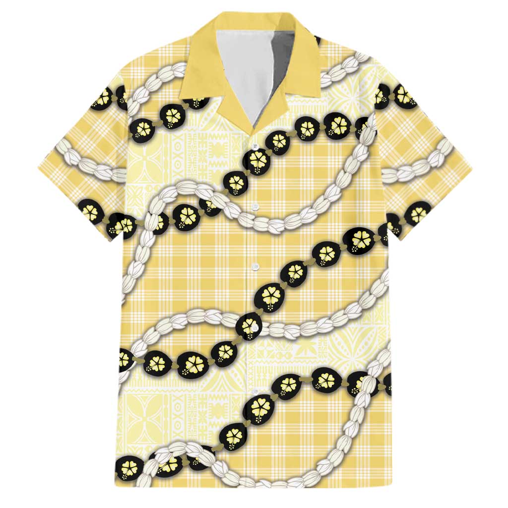Yellow Palaka Hawaii Family Matching Summer Maxi Dress and Hawaiian Shirt Kukui Nut Pikake Lei Hawaiian Tapa Pattern LT14 Dad's Shirt - Short Sleeve Yellow - Polynesian Pride