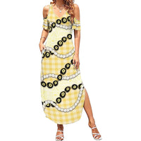 Yellow Palaka Hawaii Family Matching Summer Maxi Dress and Hawaiian Shirt Kukui Nut Pikake Lei Hawaiian Tapa Pattern LT14 Mom's Dress Yellow - Polynesian Pride