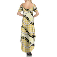 Yellow Palaka Hawaii Family Matching Summer Maxi Dress and Hawaiian Shirt Kukui Nut Pikake Lei Hawaiian Tapa Pattern LT14 - Polynesian Pride