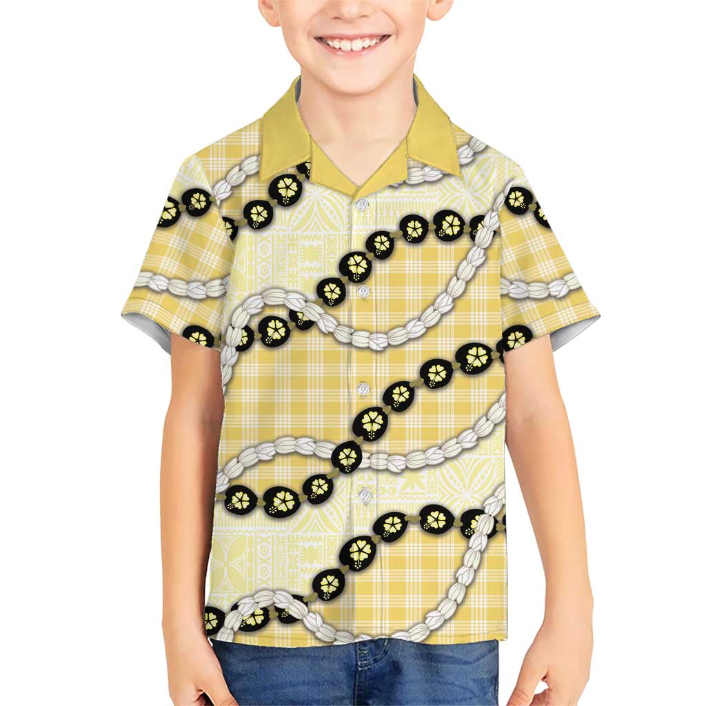 Yellow Palaka Hawaii Family Matching Summer Maxi Dress and Hawaiian Shirt Kukui Nut Pikake Lei Hawaiian Tapa Pattern LT14 Son's Shirt Yellow - Polynesian Pride