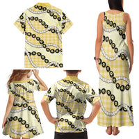 Yellow Palaka Hawaii Family Matching Tank Maxi Dress and Hawaiian Shirt Kukui Nut Pikake Lei Hawaiian Tapa Pattern LT14 - Polynesian Pride