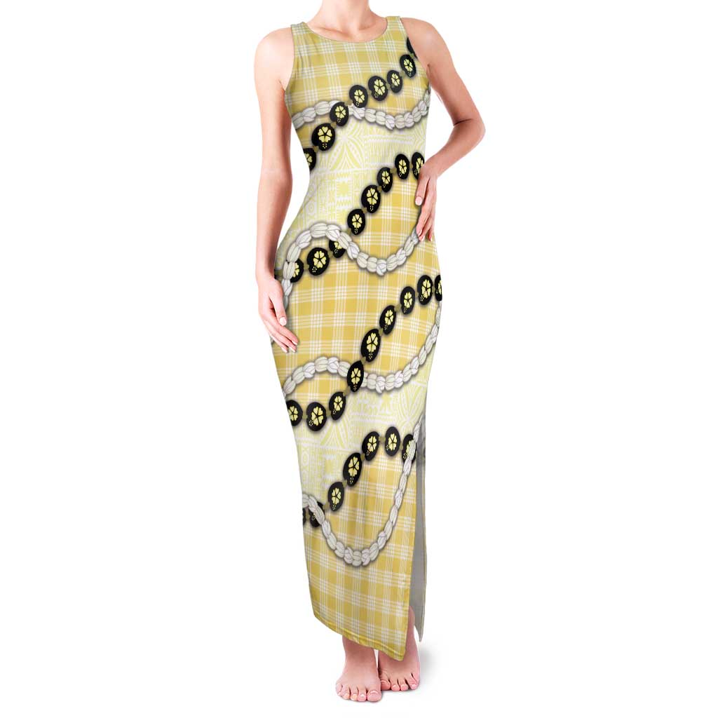 Yellow Palaka Hawaii Family Matching Tank Maxi Dress and Hawaiian Shirt Kukui Nut Pikake Lei Hawaiian Tapa Pattern LT14 Mom's Dress Yellow - Polynesian Pride