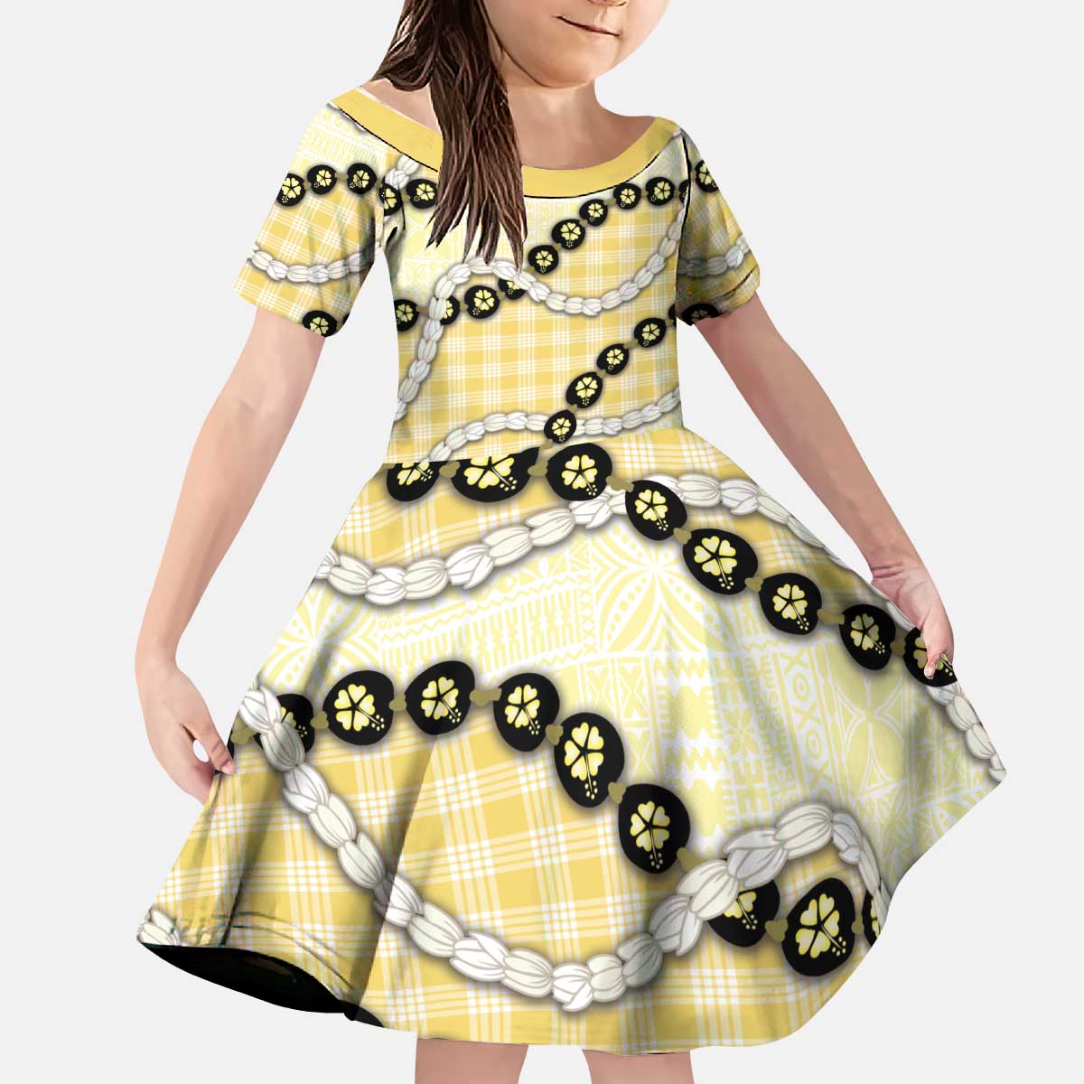 Yellow Palaka Hawaii Kid Short Sleeve Dress Kukui Nut Pikake Lei Hawaiian Tapa Pattern - Polynesian Pride