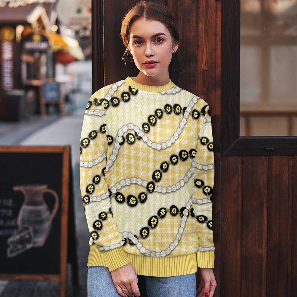 Yellow Palaka Hawaii Ugly Christmas Sweater Kukui Nut Pikake Lei Hawaiian Tapa Pattern - Polynesian Pride