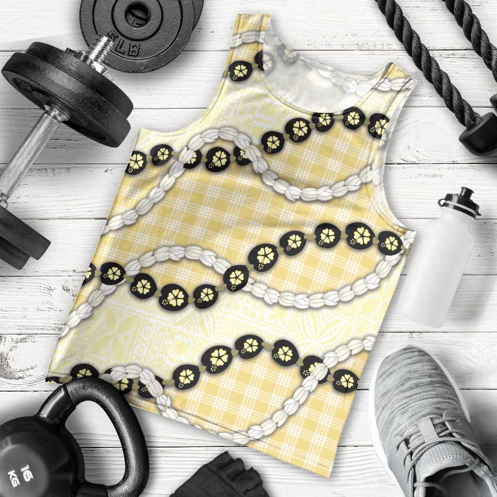 Yellow Palaka Hawaii Men Tank Top Kukui Nut Pikake Lei Hawaiian Tapa Pattern - Polynesian Pride