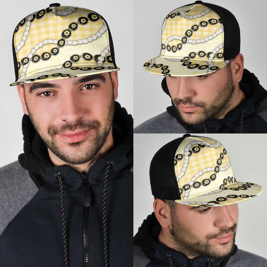 Yellow Palaka Hawaii Mesh Trucker Cap Kukui Nut Pikake Lei Hawaiian Tapa Pattern - Polynesian Pride