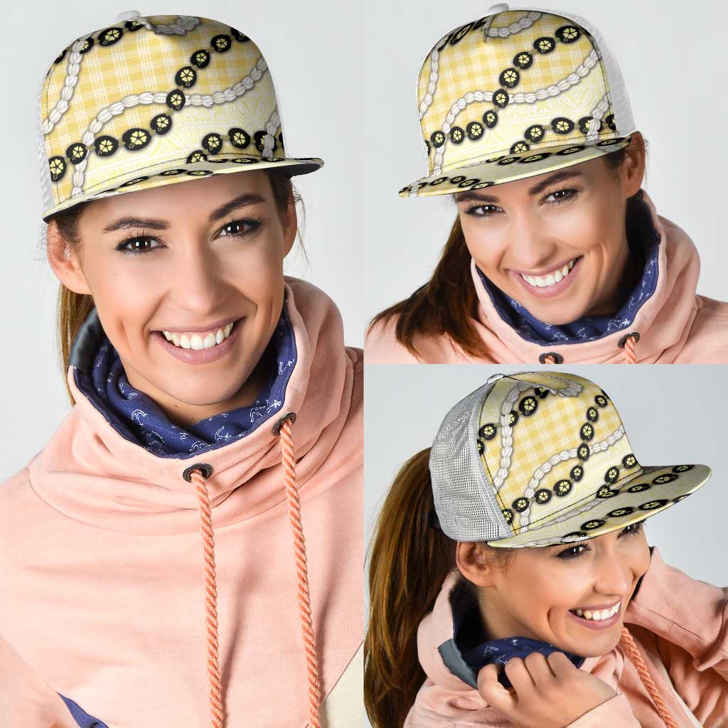 Yellow Palaka Hawaii Mesh Trucker Cap Kukui Nut Pikake Lei Hawaiian Tapa Pattern - Polynesian Pride