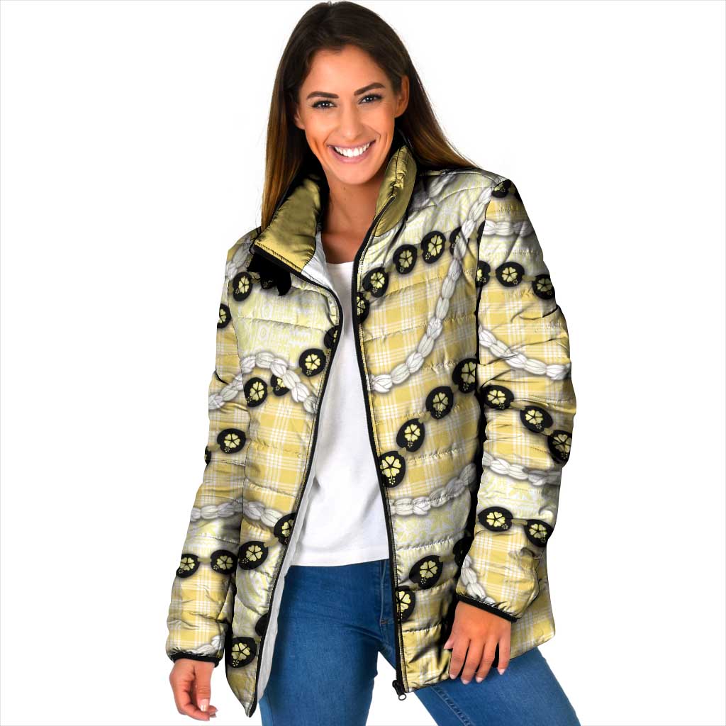 Yellow Palaka Hawaii Padded Jacket Kukui Nut Pikake Lei Hawaiian Tapa Pattern - Polynesian Pride