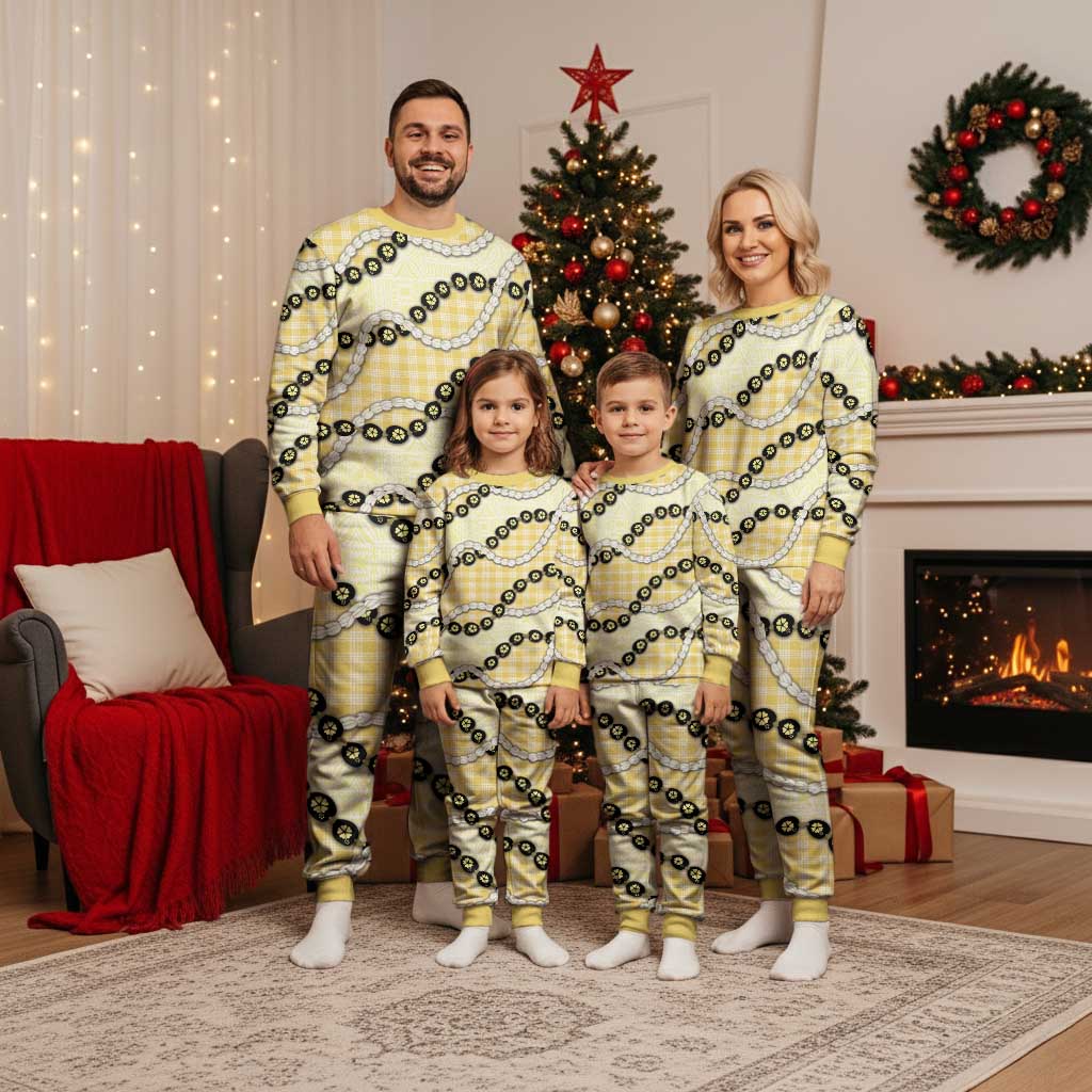 Yellow Palaka Hawaii Christmas Pajama Set Kukui Nut Pikake Lei Hawaiian Tapa Pattern LT14 - Polynesian Pride