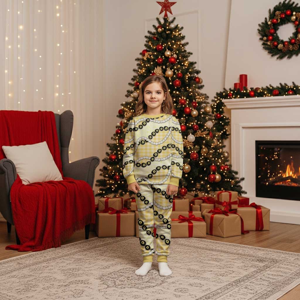 Yellow Palaka Hawaii Christmas Pajama Set Kukui Nut Pikake Lei Hawaiian Tapa Pattern LT14 Kid Yellow - Polynesian Pride