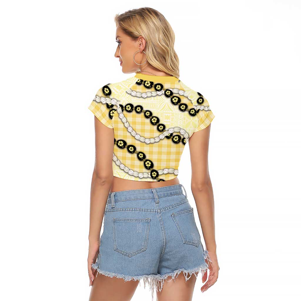 Yellow Palaka Hawaii Raglan Cropped T Shirt Kukui Nut Pikake Lei Hawaiian Tapa Pattern - Polynesian Pride