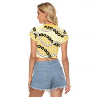 Yellow Palaka Hawaii Raglan Cropped T Shirt Kukui Nut Pikake Lei Hawaiian Tapa Pattern - Polynesian Pride
