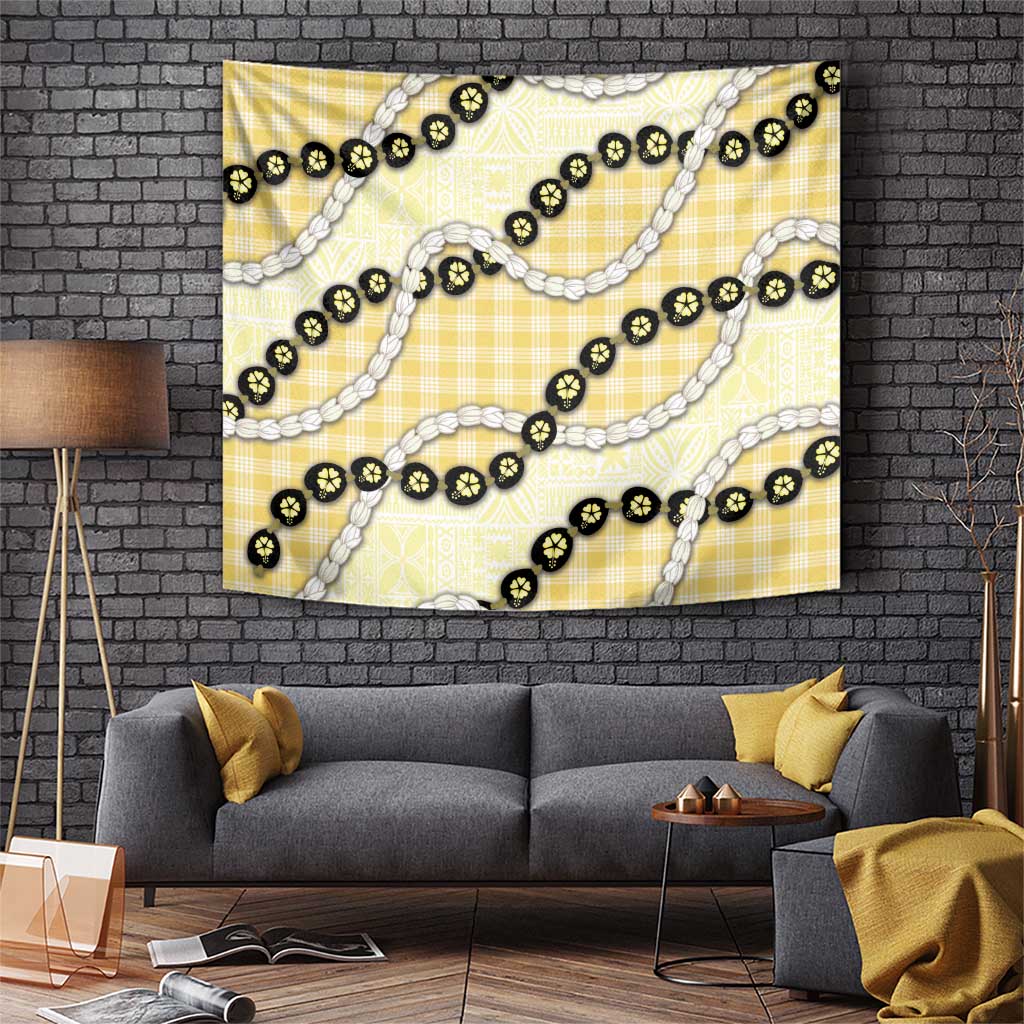 Yellow Palaka Hawaii Tapestry Kukui Nut Pikake Lei Hawaiian Tapa Pattern - Polynesian Pride