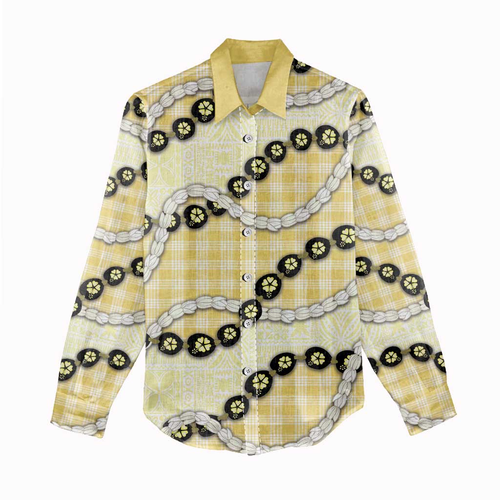 Yellow Palaka Hawaii Women Casual Shirt Kukui Nut Pikake Lei Hawaiian Tapa Pattern - Polynesian Pride