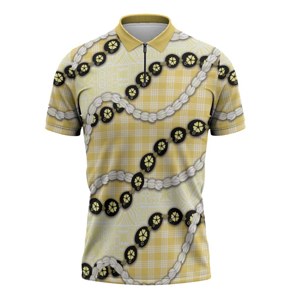 Yellow Palaka Hawaii Zipper Polo Shirt Kukui Nut Pikake Lei Hawaiian Tapa Pattern - Polynesian Pride