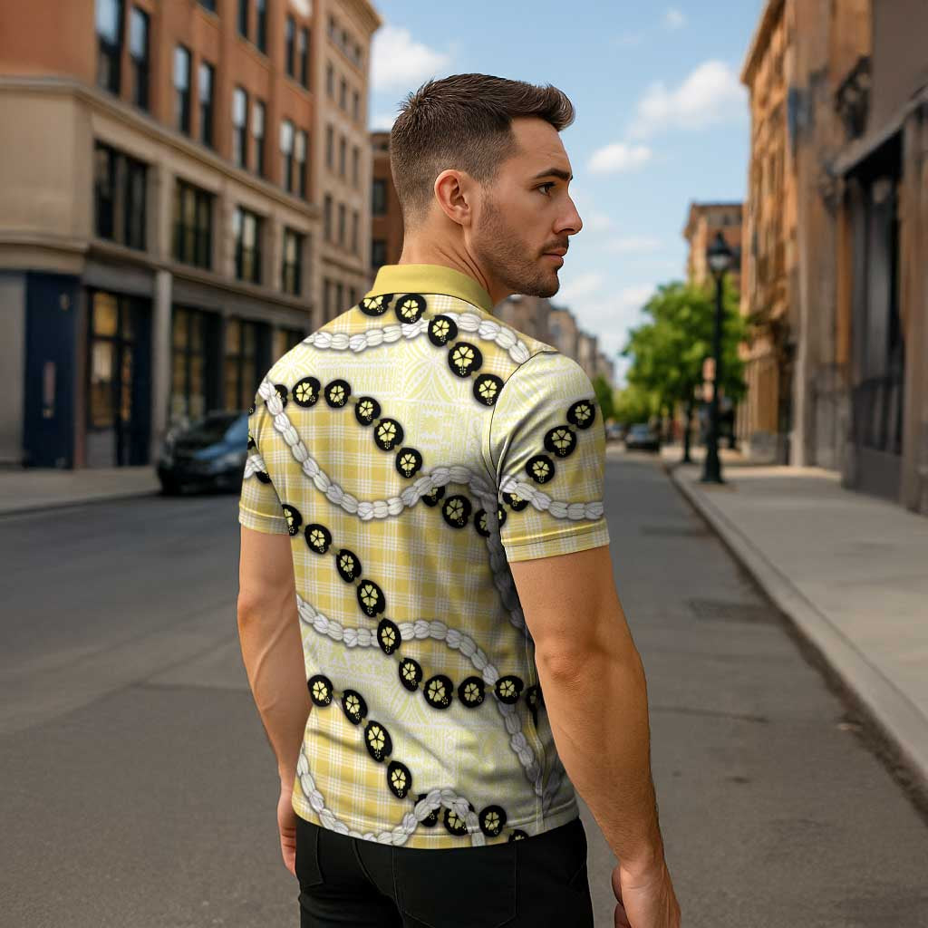 Yellow Palaka Hawaii Zipper Polo Shirt Kukui Nut Pikake Lei Hawaiian Tapa Pattern - Polynesian Pride