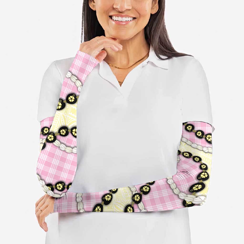 Pink Palaka Hawaii Arm Sleeves Kukui Nut Pikake Lei Hawaiian Tapa Pattern - Polynesian Pride