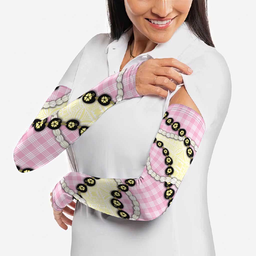 Pink Palaka Hawaii Arm Sleeves Kukui Nut Pikake Lei Hawaiian Tapa Pattern - Polynesian Pride