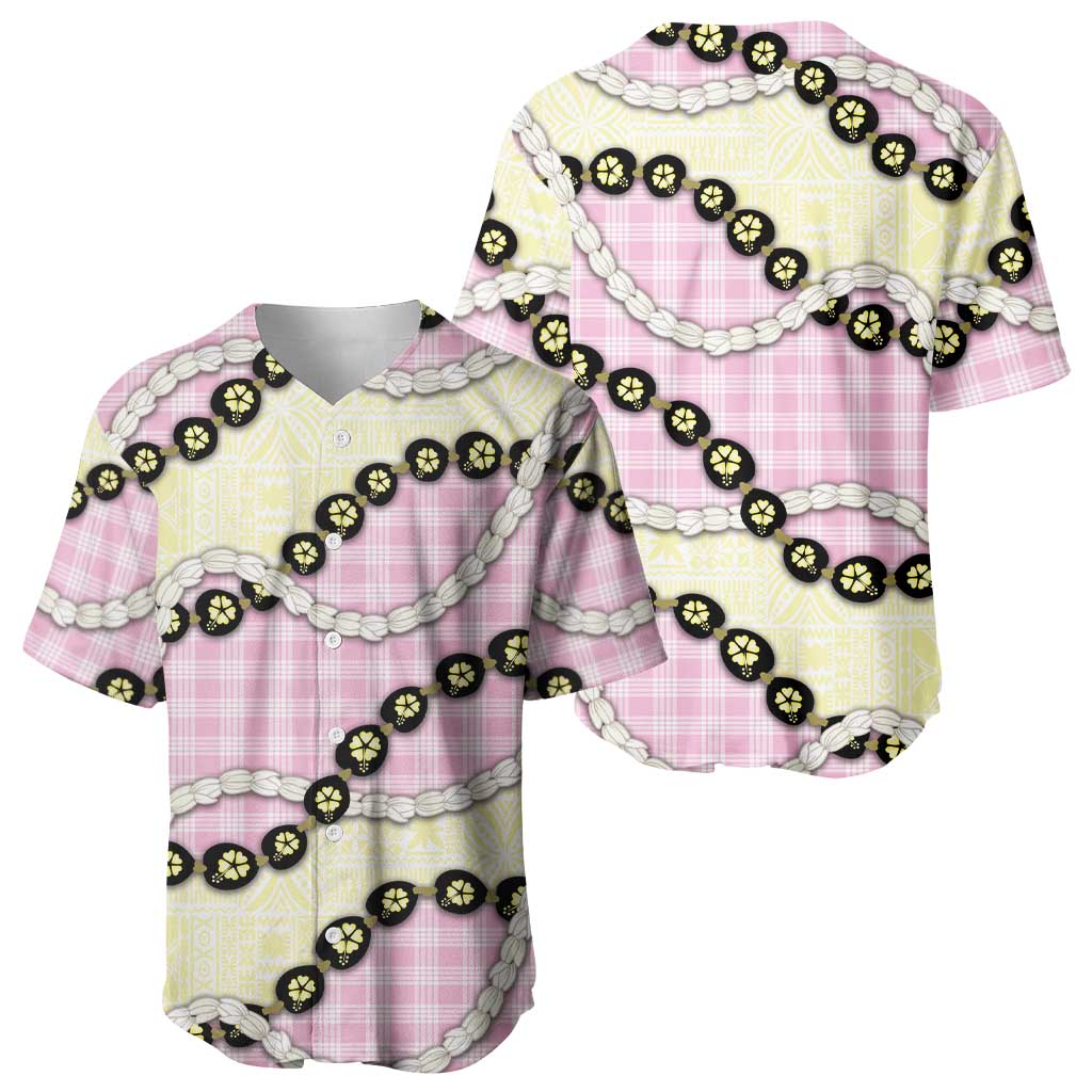 Pink Palaka Hawaii Baseball Jersey Kukui Nut Pikake Lei Hawaiian Tapa Pattern - Polynesian Pride