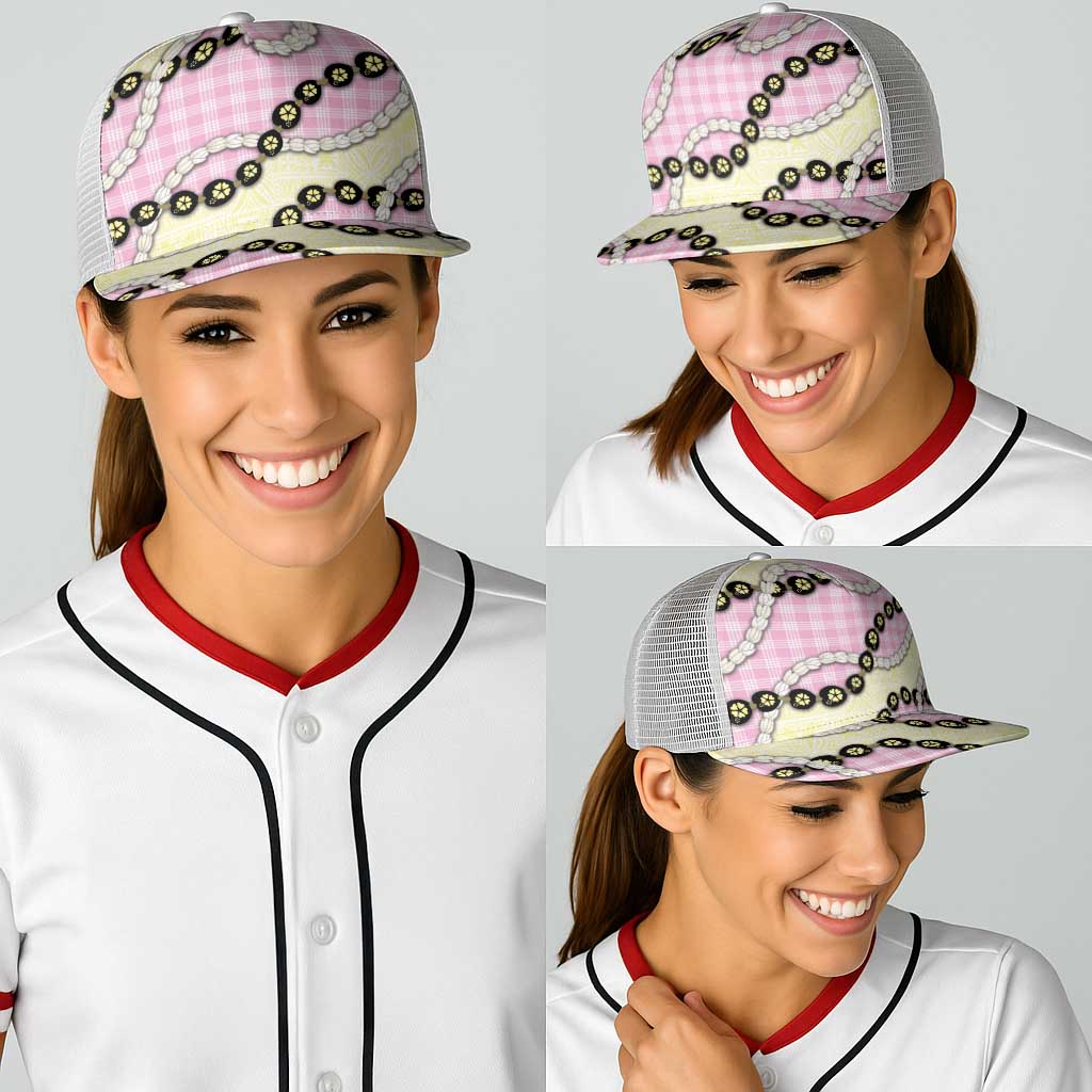 Pink Palaka Hawaii Baseball Net Cap Kukui Nut Pikake Lei Hawaiian Tapa Pattern LT14 - Polynesian Pride
