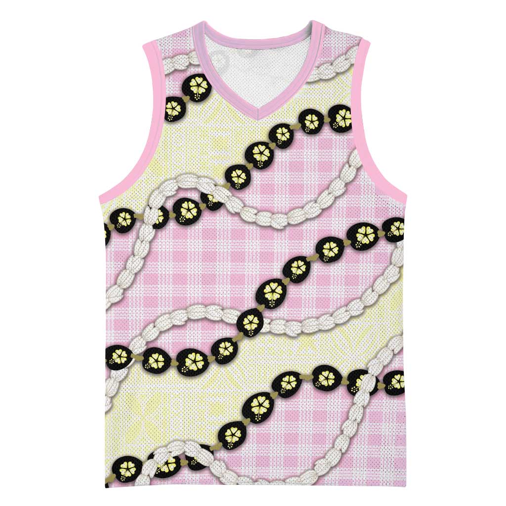 Pink Palaka Hawaii Basketball Jersey Kukui Nut Pikake Lei Hawaiian Tapa Pattern - Polynesian Pride
