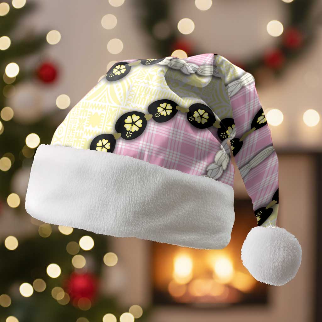 Pink Palaka Hawaii Christmas Santa Hat Kukui Nut Pikake Lei Hawaiian Tapa Pattern - Polynesian Pride