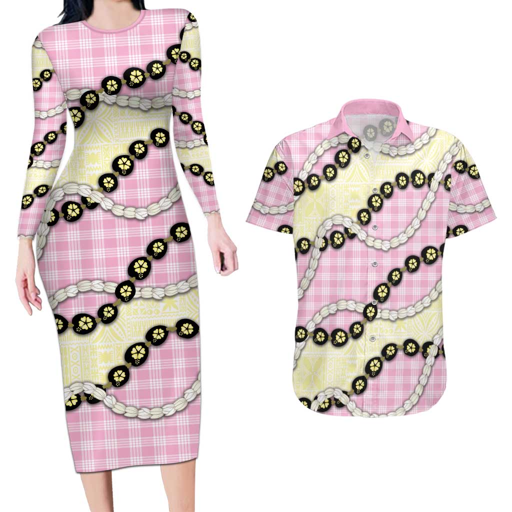 Pink Palaka Hawaii Couples Matching Long Sleeve Bodycon Dress and Hawaiian Shirt Kukui Nut Pikake Lei Hawaiian Tapa Pattern LT14 Pink - Polynesian Pride