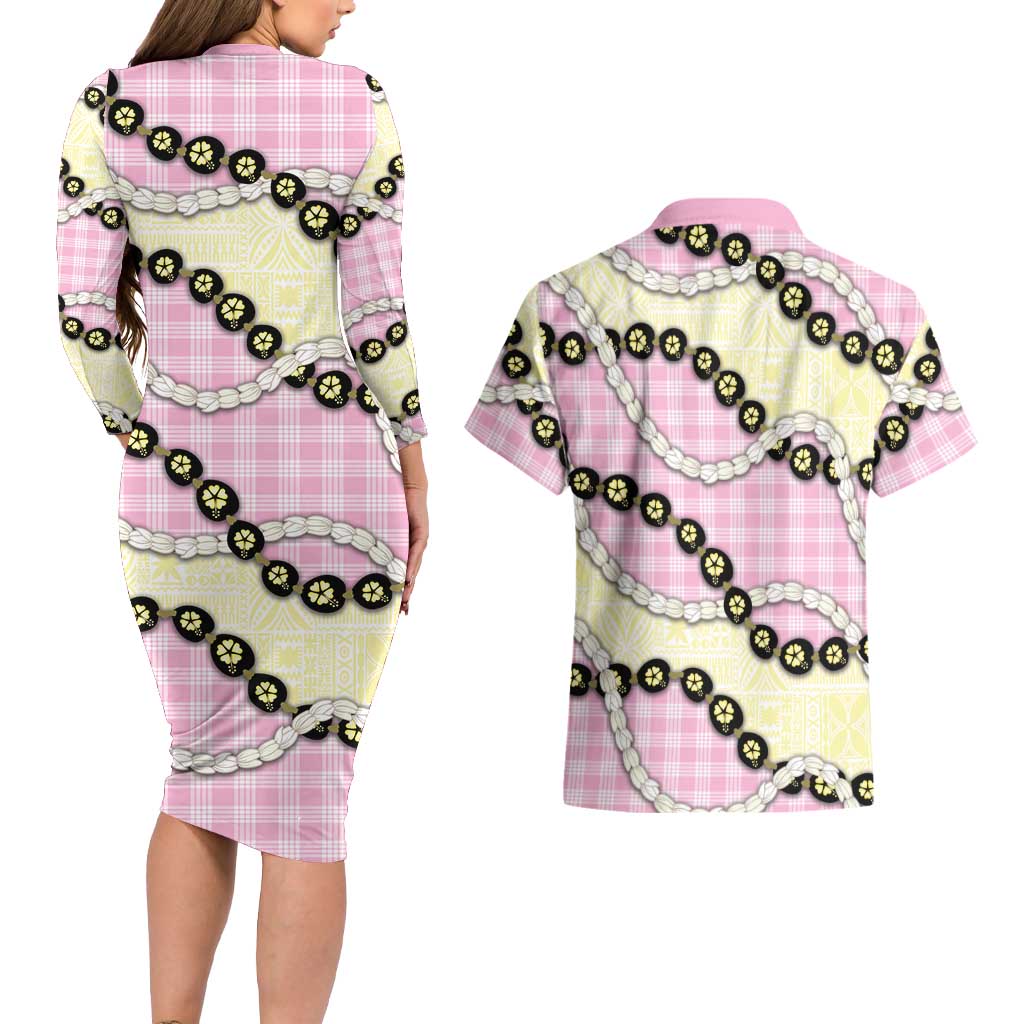 Pink Palaka Hawaii Couples Matching Long Sleeve Bodycon Dress and Hawaiian Shirt Kukui Nut Pikake Lei Hawaiian Tapa Pattern LT14 - Polynesian Pride