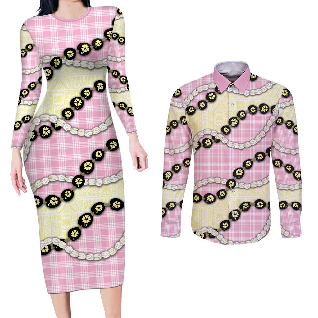 Pink Palaka Hawaii Couples Matching Long Sleeve Bodycon Dress and Long Sleeve Button Shirt Kukui Nut Pikake Lei Hawaiian Tapa Pattern LT14 Pink - Polynesian Pride