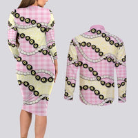 Pink Palaka Hawaii Couples Matching Long Sleeve Bodycon Dress and Long Sleeve Button Shirt Kukui Nut Pikake Lei Hawaiian Tapa Pattern LT14 - Polynesian Pride