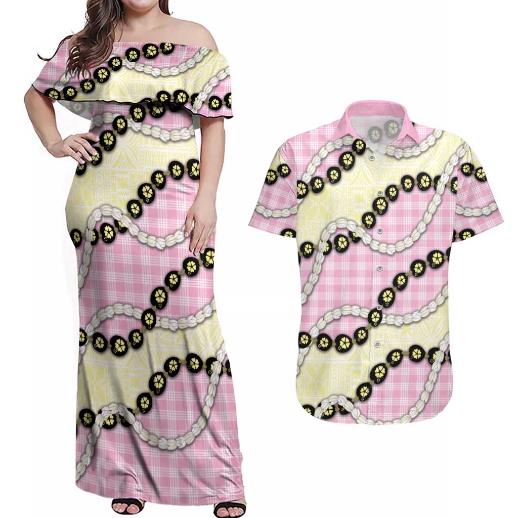 Pink Palaka Hawaii Couples Matching Off Shoulder Maxi Dress and Hawaiian Shirt Kukui Nut Pikake Lei Hawaiian Tapa Pattern LT14 Pink - Polynesian Pride