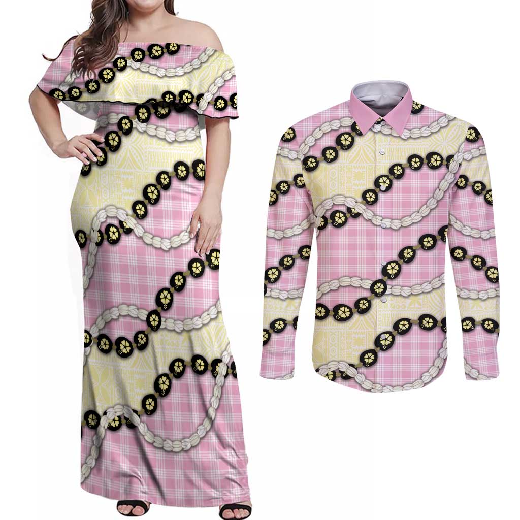 Pink Palaka Hawaii Couples Matching Off Shoulder Maxi Dress and Long Sleeve Button Shirt Kukui Nut Pikake Lei Hawaiian Tapa Pattern LT14 Pink - Polynesian Pride