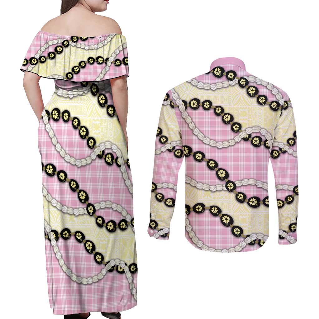 Pink Palaka Hawaii Couples Matching Off Shoulder Maxi Dress and Long Sleeve Button Shirt Kukui Nut Pikake Lei Hawaiian Tapa Pattern - Polynesian Pride