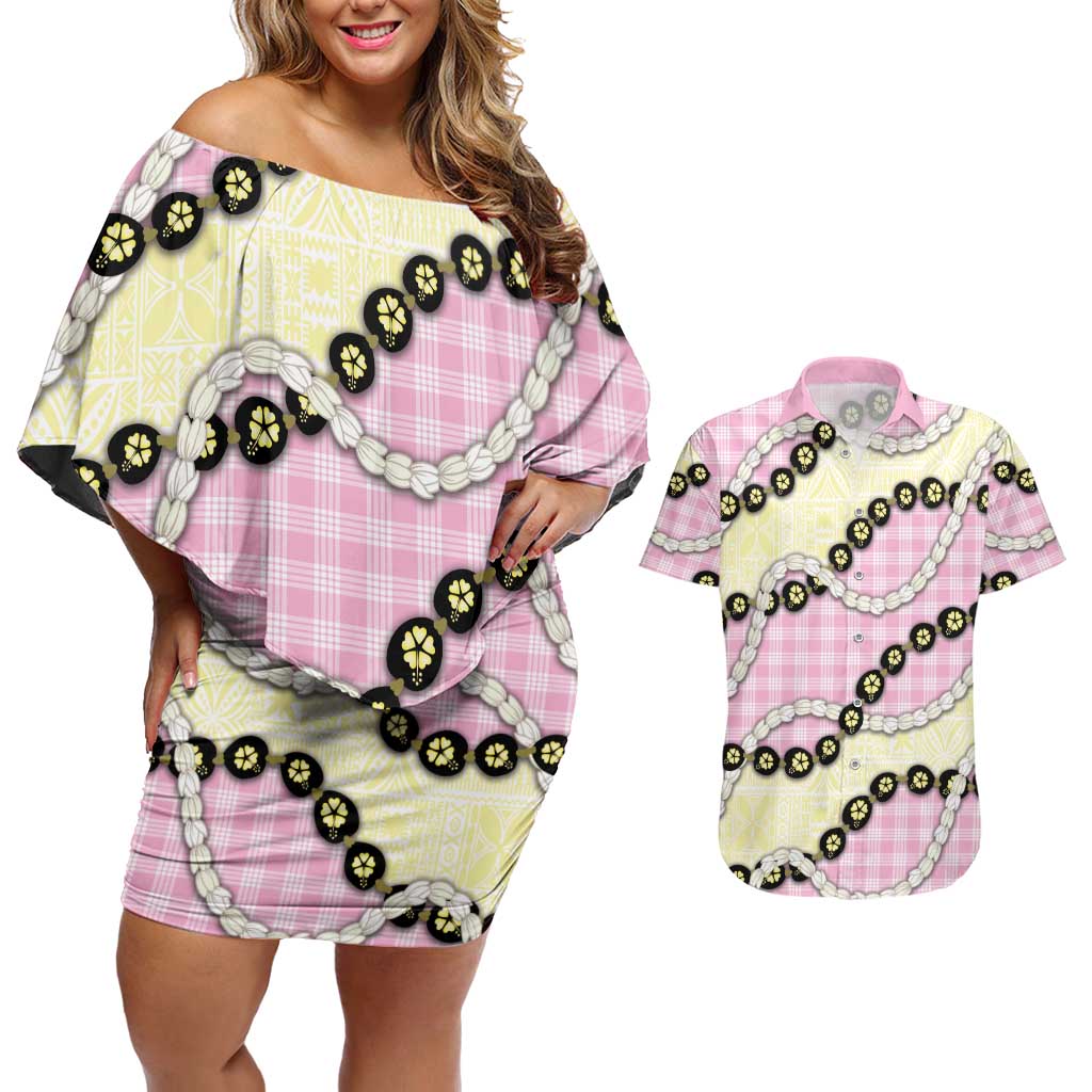 Pink Palaka Hawaii Couples Matching Off Shoulder Short Dress and Hawaiian Shirt Kukui Nut Pikake Lei Hawaiian Tapa Pattern LT14 Pink - Polynesian Pride