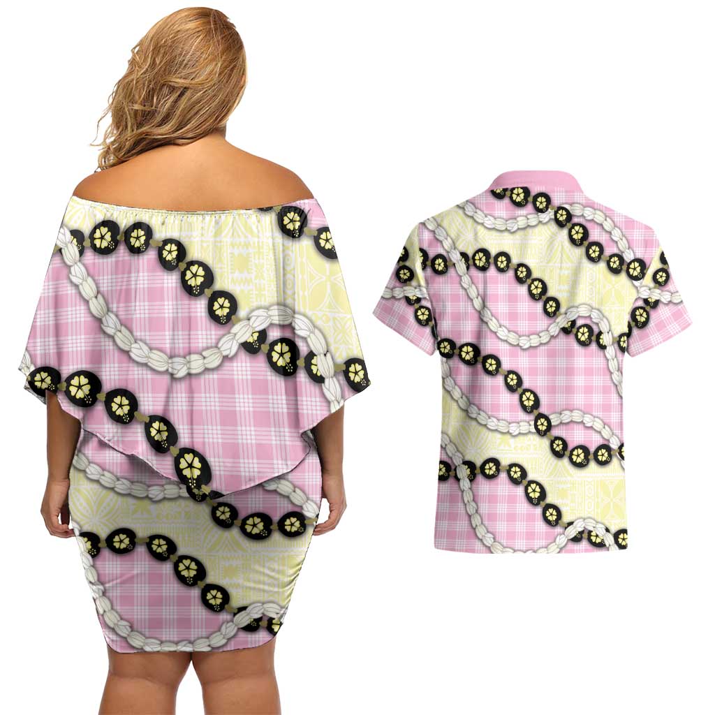 Pink Palaka Hawaii Couples Matching Off Shoulder Short Dress and Hawaiian Shirt Kukui Nut Pikake Lei Hawaiian Tapa Pattern LT14 - Polynesian Pride