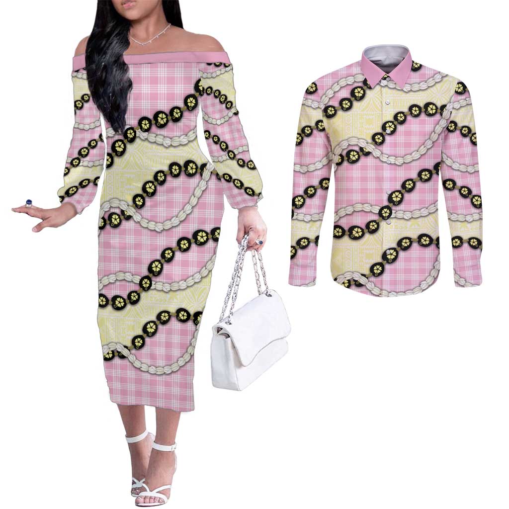 Pink Palaka Hawaii Couples Matching Off The Shoulder Long Sleeve Dress and Long Sleeve Button Shirt Kukui Nut Pikake Lei Hawaiian Tapa Pattern LT14 Pink - Polynesian Pride