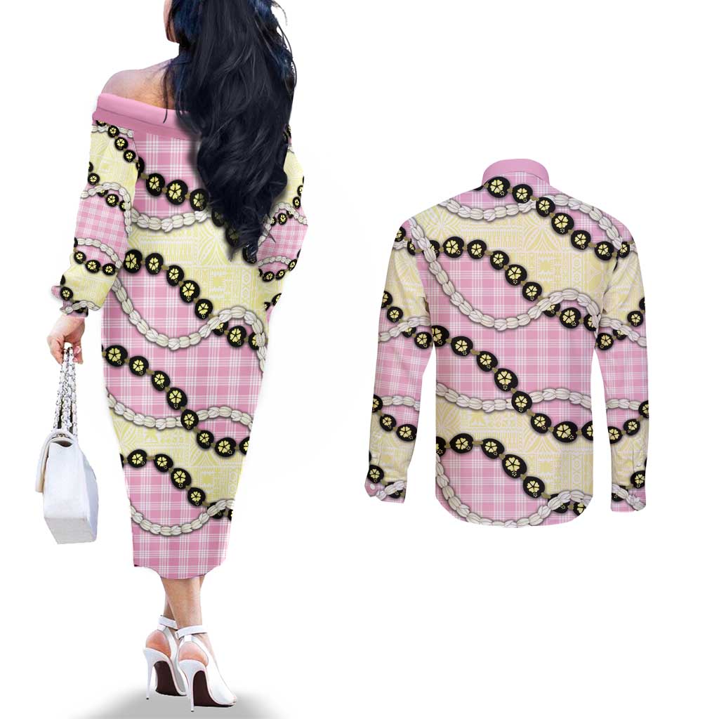 Pink Palaka Hawaii Couples Matching Off The Shoulder Long Sleeve Dress and Long Sleeve Button Shirt Kukui Nut Pikake Lei Hawaiian Tapa Pattern LT14 - Polynesian Pride