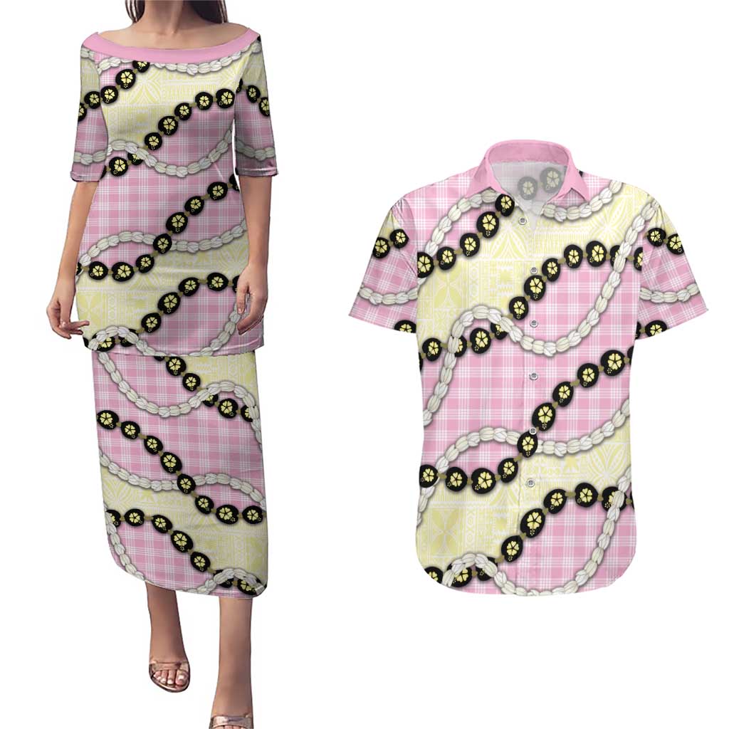 Pink Palaka Hawaii Couples Matching Puletasi and Hawaiian Shirt Kukui Nut Pikake Lei Hawaiian Tapa Pattern LT14 Pink - Polynesian Pride