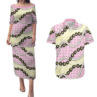 Pink Palaka Hawaii Couples Matching Puletasi and Hawaiian Shirt Kukui Nut Pikake Lei Hawaiian Tapa Pattern - Polynesian Pride