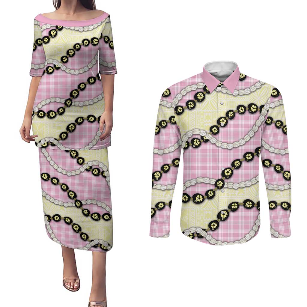 Pink Palaka Hawaii Couples Matching Puletasi and Long Sleeve Button Shirt Kukui Nut Pikake Lei Hawaiian Tapa Pattern LT14 Pink - Polynesian Pride